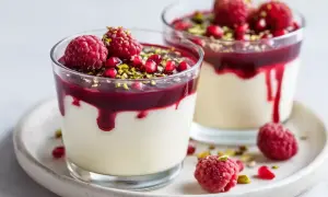 Två glas med krämig panna cotta, toppad med hallon, granatäppelkärnor och pistagenötter. En härlig dessert!