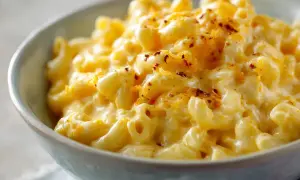 En skål med krämig mac and cheese, toppad med riven ost och lite kryddor. Perfekt comfort food!