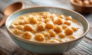 En skål med varm kikärtscurry, ett perfekt exempel på läckra vegetariska recept. En träsked ligger bredvid.
