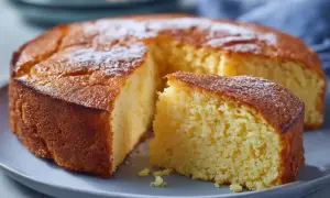 En saftig glutenfri sockerkaka med ett puder av florsocker, redo att avnjutas.