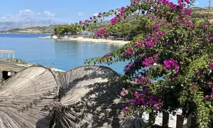 Solig stranddag med lila bougainvillea och stråparasoller. En perfekt vy för en **turista i Albanien**.