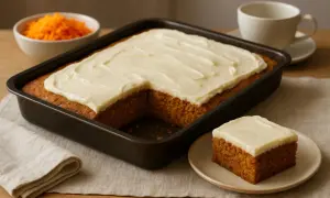 En saftig morotskaka i långpanna med krämig frosting. En bit är upplagd på en tallrik, redo att avnjutas.