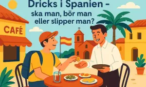 En turist ger dricks i Spanien. En servitör tar emot myntet vid ett café med spansk flagga i bakgrunden.