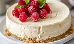 En krämig, fryst cheesecake toppad med färska hallon och myntablad. Perfekt för en sommarfest!