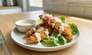 Krispiga bitar av panerad kyckling serveras på en bädd av sallad med parmesan och en krämig dressing. En liten skål med dressing står bredvid.