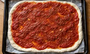 En rektangulär pizzabotten täckt med en generös mängd kryddig tomatsås och strödda kryddor, redo för ugnen.