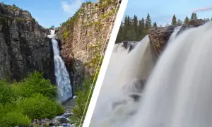 Två vackra vattenfall i Sverige. Ett högt, smalt fall nerför en klippvägg och ett bredare, kraftfullt fall över stenar.