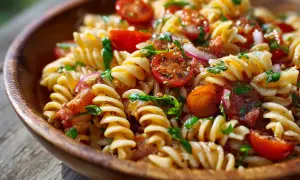 En härlig pastasallad med körsbärstomater, rödlök och örter. Ett perfekt pastasallad recept för sommaren.