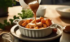 Brunsås recept: Krämig sås hälls över gyllene potatisbitar i en vit skål. En härlig syn som får det att vattnas i munnen.