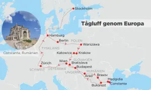 Karta som visar en rutt för att tågluffa genom Europa, med stopp i Stockholm, Hamburg, Berlin, Warszawa, Wien, Budapest, Bukarest och Constanta.