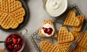 Hjärtformade våfflor med vispgrädde och sylt, redo att avnjutas. Ett perfekt våfflor recept för alla hjärtans dag.