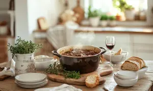 En ångande gryta med kött och grönsaker, redo att serveras med bröd och vin. Ett perfekt gryta recept för en mysig middag.