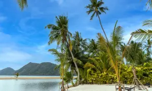 En tropisk strand på Ko Chang med palmer, sand och turkost vatten. En hängmatta väntar på avkoppling.