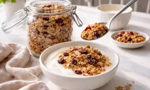 En sked med hemgjord egen granola toppar en skål med yoghurt. En burk med samma granola står bredvid.