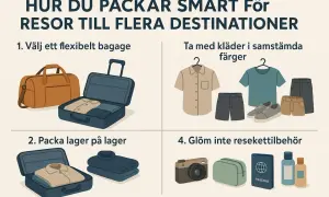 Tips för att packa smart handbagage: välj flexibelt bagage, samordna färger, packa lager på lager och glöm inte resekettillbehör som pass och toalettartiklar.