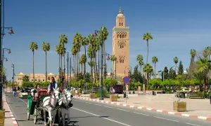 Häst och vagn i Marrakech, med Koutoubia-moskén i bakgrunden. En resa till Marrakech kan kännas farligt för vissa, men detta är en vacker vy.