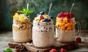 Tre burkar med overnight oats, en enkel nyttig frukost. Toppade med bär, frukt och granola.