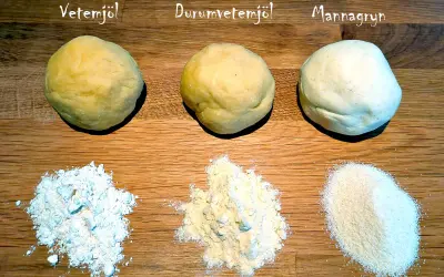 Tre degbollar av olika mjöltyper: vetemjöl, durumvetemjöl och mannagryn. Perfekt för ditt pastadeg recept!