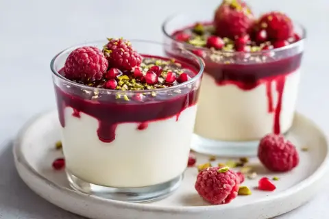 Två glas med krämig panna cotta, toppad med hallon, granatäppelkärnor och pistagenötter. En härlig dessert!
