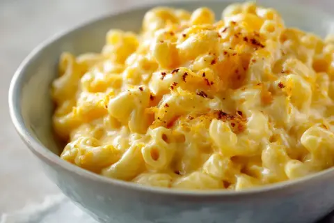 En skål med krämig mac and cheese, toppad med riven ost och lite kryddor. Perfekt comfort food!