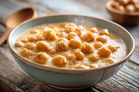 En skål med varm kikärtscurry, ett perfekt exempel på läckra vegetariska recept. En träsked ligger bredvid.