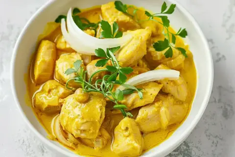 Kyckling i krämig currysås, perfekt för ett snabbt och gott currysås recept. Garnerad med lök och persilja.
