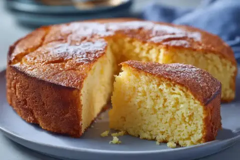 En saftig glutenfri sockerkaka med ett puder av florsocker, redo att avnjutas.