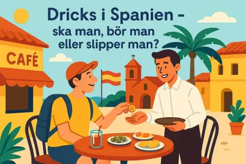 En turist ger dricks i Spanien. En servitör tar emot myntet vid ett café med spansk flagga i bakgrunden.