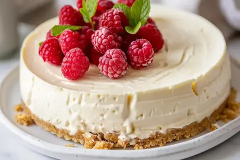 En krämig, fryst cheesecake toppad med färska hallon och myntablad. Perfekt för en sommarfest!