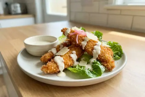 Krispiga bitar av panerad kyckling serveras på en bädd av sallad med parmesan och en krämig dressing. En liten skål med dressing står bredvid.