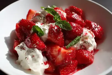 En härlig Eton Mess med färska jordgubbar, vispad grädde och mynta. Perfekt sommarfika!