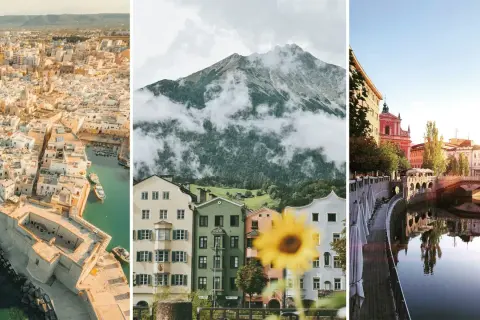 En weekendresa i Europa: en solig kuststad, en bergsby i molnen och en stad vid en flod.