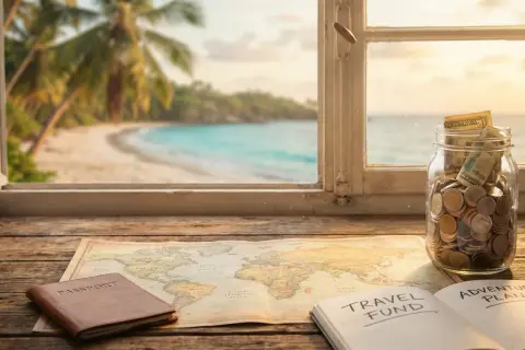 En spargris fylld med pengar, en världskarta, pass och en anteckningsbok med "Travel Fund" visar drömmen om vad kostar en jorden runt resa.