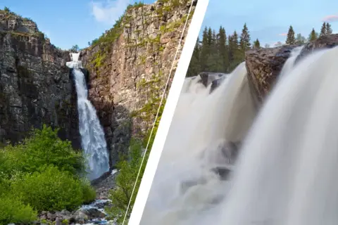 Två vackra vattenfall i Sverige. Ett högt, smalt fall nerför en klippvägg och ett bredare, kraftfullt fall över stenar.