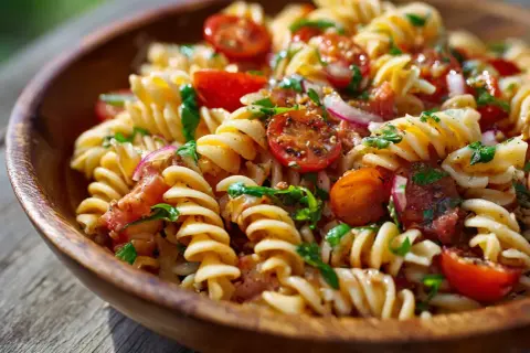 En härlig pastasallad med körsbärstomater, rödlök och örter. Ett perfekt pastasallad recept för sommaren.
