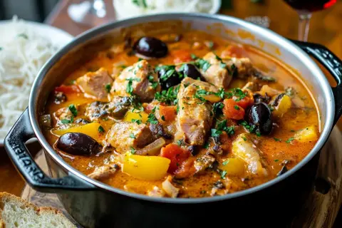 En mustig kreolsk gryta med möra köttbitar, oliver, paprika och tomater i en smakrik sås. Serveras med ris och bröd.