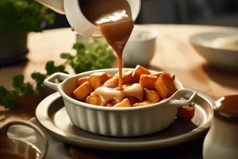 Brunsås recept: Krämig sås hälls över gyllene potatisbitar i en vit skål. En härlig syn som får det att vattnas i munnen.