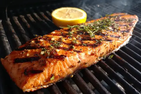 En saftig laxfilé med örter och citron grillas till perfektion. Doften av grillad lax sprider sig i sommarkvällen.