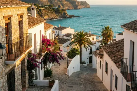 En charmig gränd med vita hus och bougainvillea leder ner mot det turkosblå havet. En idyllisk vy av Spanien på vintern.