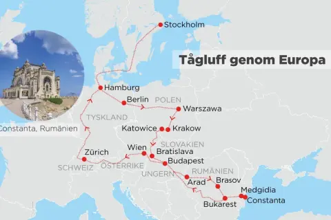Karta som visar en rutt för att tågluffa genom Europa, med stopp i Stockholm, Hamburg, Berlin, Warszawa, Wien, Budapest, Bukarest och Constanta.