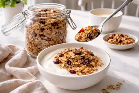 En sked med hemgjord egen granola toppar en skål med yoghurt. En burk med samma granola står bredvid.
