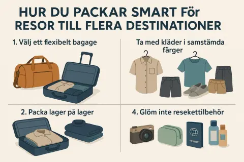 Tips för att packa smart handbagage: välj flexibelt bagage, samordna färger, packa lager på lager och glöm inte resekettillbehör som pass och toalettartiklar.