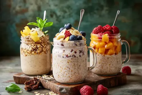 Tre burkar med overnight oats, en enkel nyttig frukost. Toppade med bär, frukt och granola.
