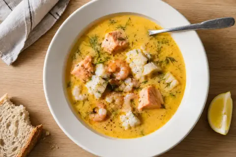 En krämig fisksoppa med lax, torsk och räkor, perfekt för ett mysigt fisksoppa recept. Serveras med bröd och citron.