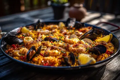 En stor paella med räkor, musslor och citronklyftor. Ett perfekt paella recept för en solig dag.