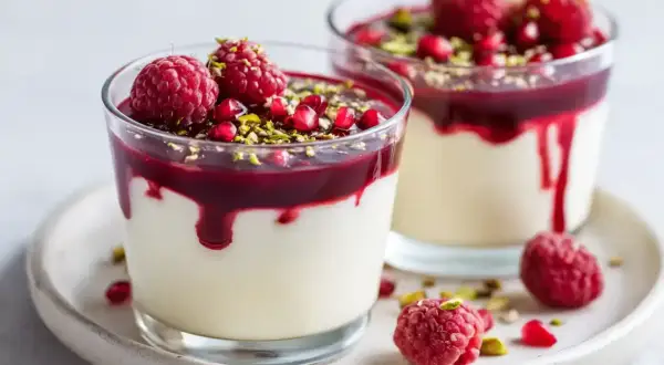 Två glas med krämig panna cotta, toppad med hallon, granatäppelkärnor och pistagenötter. En härlig dessert!