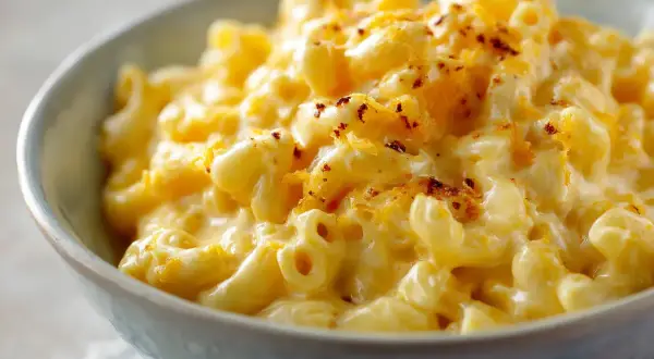 En skål med krämig mac and cheese, toppad med riven ost och lite kryddor. Perfekt comfort food!