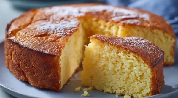 En saftig glutenfri sockerkaka med ett puder av florsocker, redo att avnjutas.