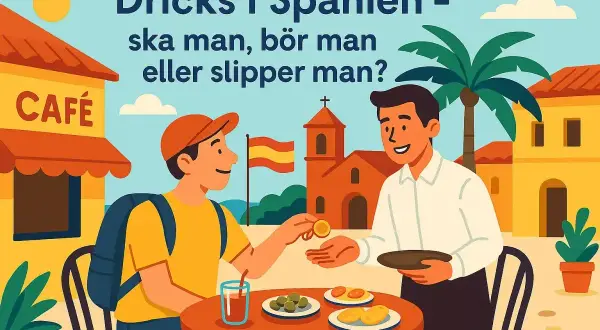 En turist ger dricks i Spanien. En servitör tar emot myntet vid ett café med spansk flagga i bakgrunden.