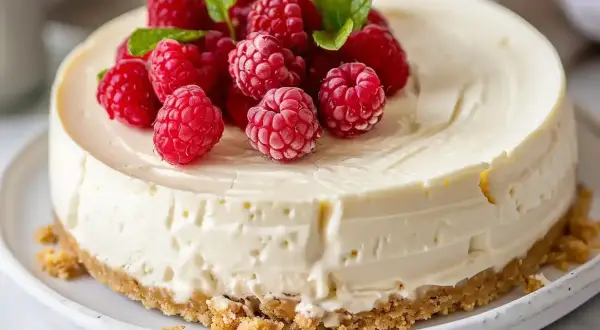 En krämig, fryst cheesecake toppad med färska hallon och myntablad. Perfekt för en sommarfest!